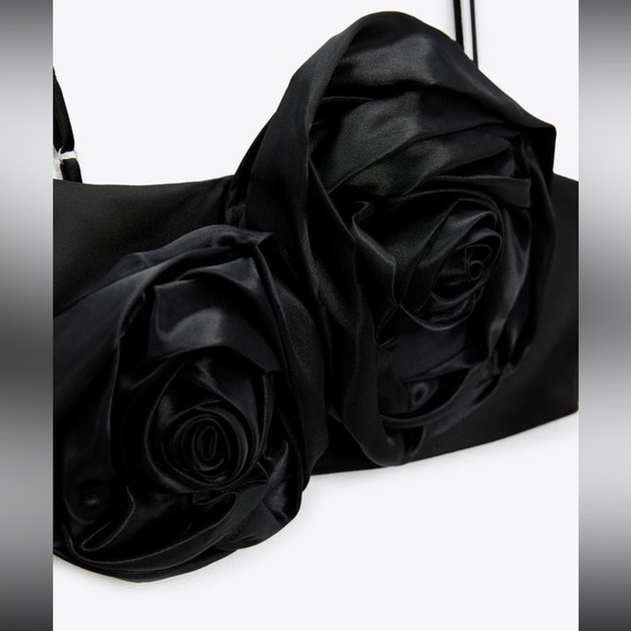 ZARA FLORAL APPLIQUÉ CROP TOP SATIN ROSE FLORAL CROPPED TOP Black Small - Picture 2 of 4